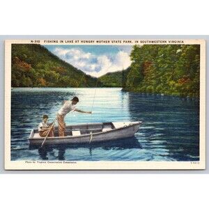 Postcard Virginia Hungry Mother State Park Lake Fishing Boat Linen c1949s VA